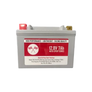Front View of a High-Power 12V 7Ah Lithium Motosport Battery, delivering reliable performance for demanding rides.