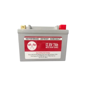 Front View of a Compact and Powerful 12V 7Ah Lithium Motosport Battery, designed for high-performance rides.