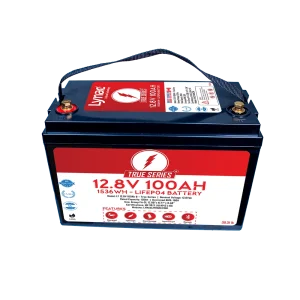 Front View of a 12V 100Ah Lithium Battery with Bluetooth, providing connected power for your applications